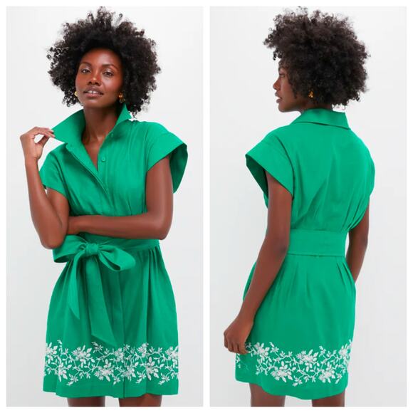 Tuckernuck Dresses & Skirts - Tuckernuck Green Linen Blend Belted Shirt Dress Embroidered Hem NWT S
